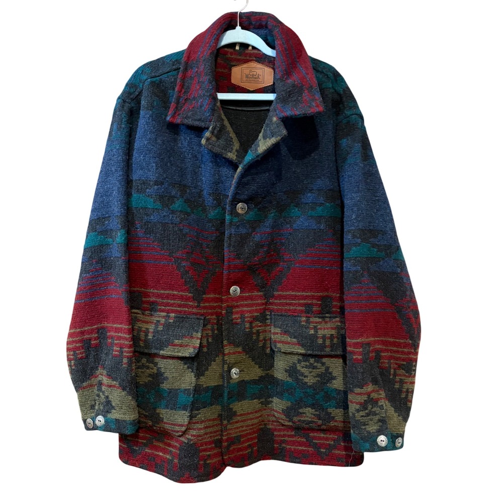Woolrich vintage Mens Aztec Southwestern Wool Blanket Jacket‎ Concho Button Lg